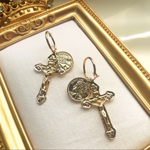 Gold Pendant Coin and Cross Religious Earrings - Picture 3 of 7